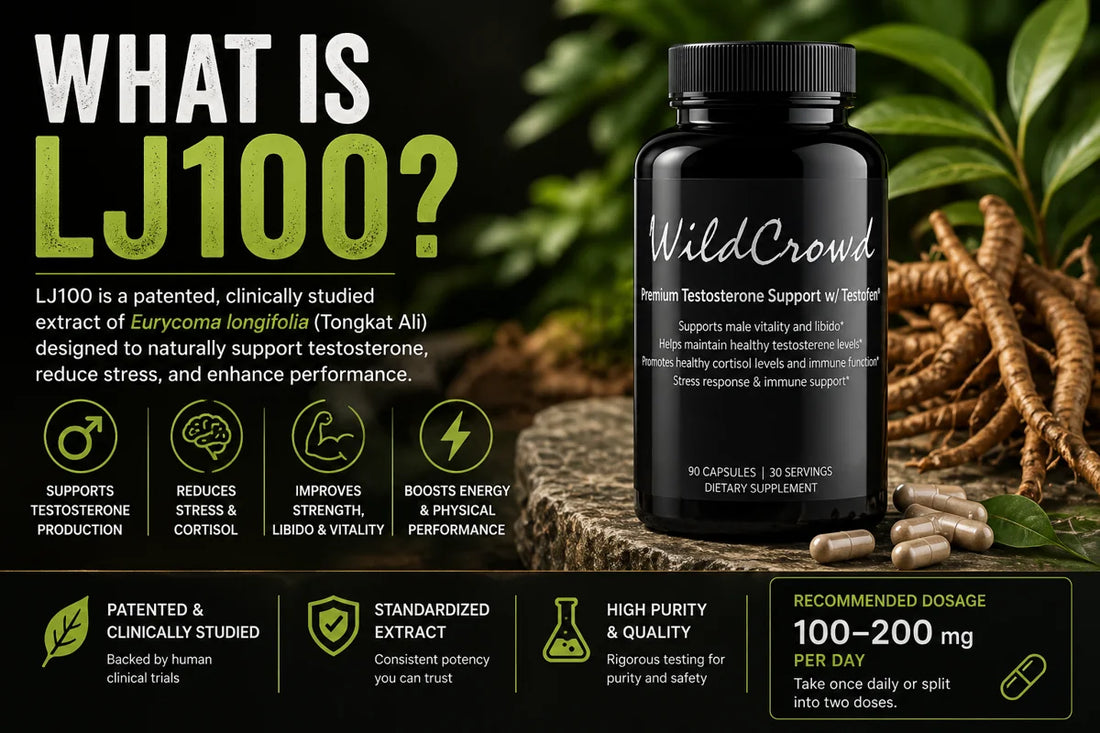 Wildcrowd LJ100 testosterone support supplement bottle with tongkat ali extract, showing 200mg per day split into 3 capsules, with benefits for testosterone, stress reduction, energy, and performance on a natural background.