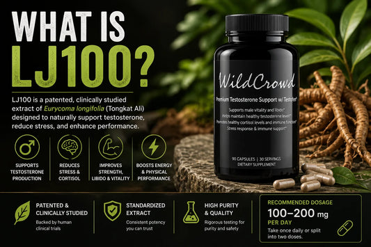 Wildcrowd LJ100 testosterone support supplement bottle with tongkat ali extract, showing 200mg per day split into 3 capsules, with benefits for testosterone, stress reduction, energy, and performance on a natural background.