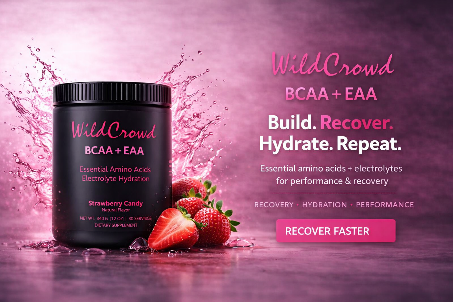 WildCrowd BCAA + EAA supplement container with strawberries on a pink background