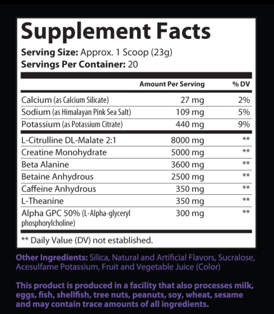 WildCrowd pre-workout nutritional facts