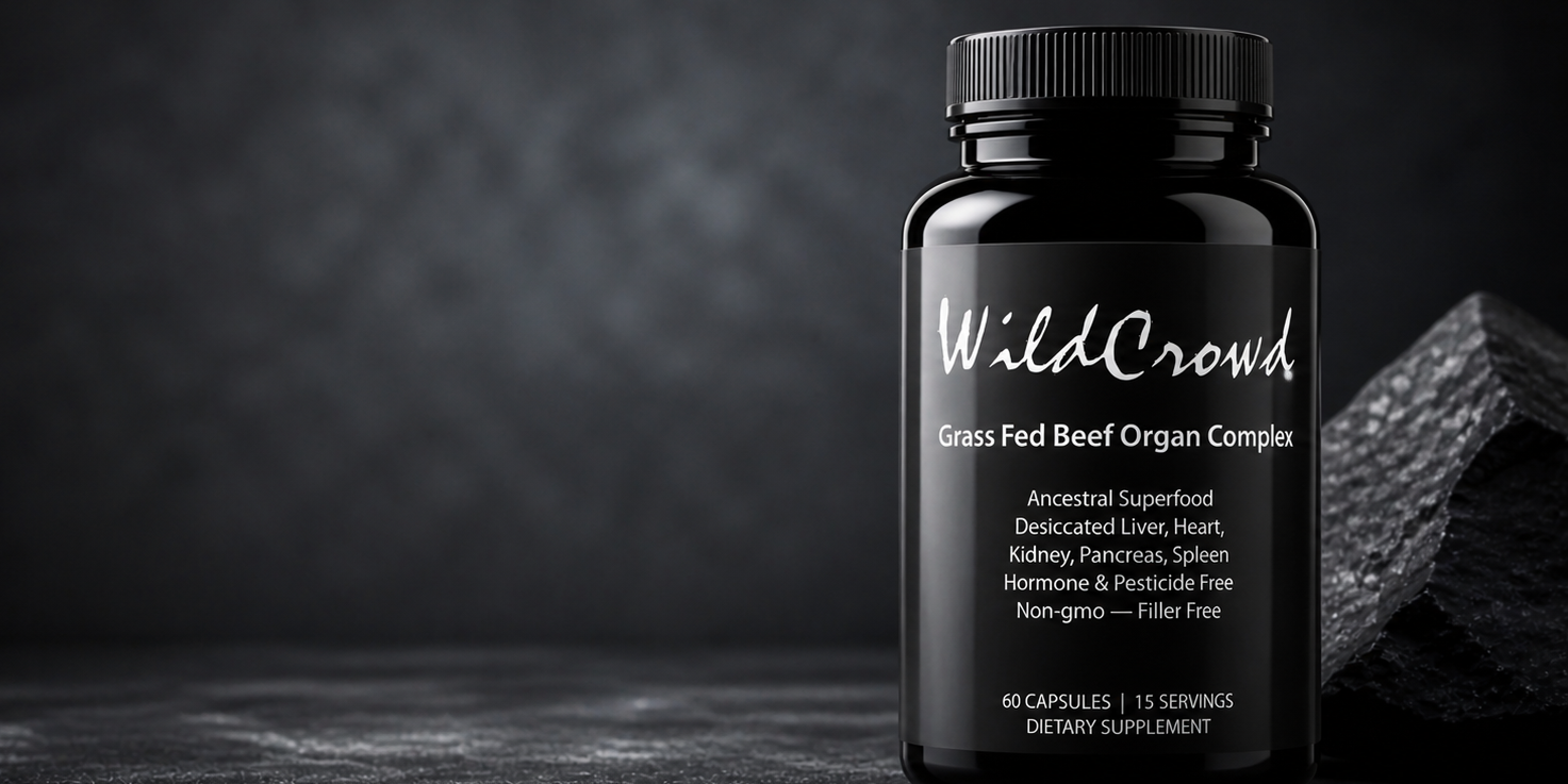 WildCrowd grass fed beef organ complex supplement bottle on dark background